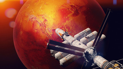 Wall Mural - spaceship arrives in mars orbit, mission to the red planet