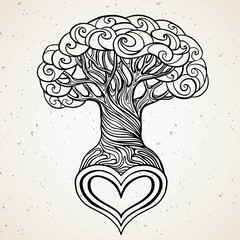 vector beautiful tree with the heart shaped root isolated white background. hand drawn vintage style