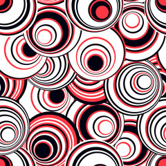  abstract geometric seamless pattern with concentric circles in black white red