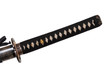 Tsuka : handle of Japanese sword wrapped by black silk cord with golden fitting isolated in white background.