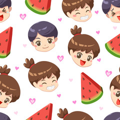 Wall Mural - Seamless pattern of boy and girl with watermelon summer – vector