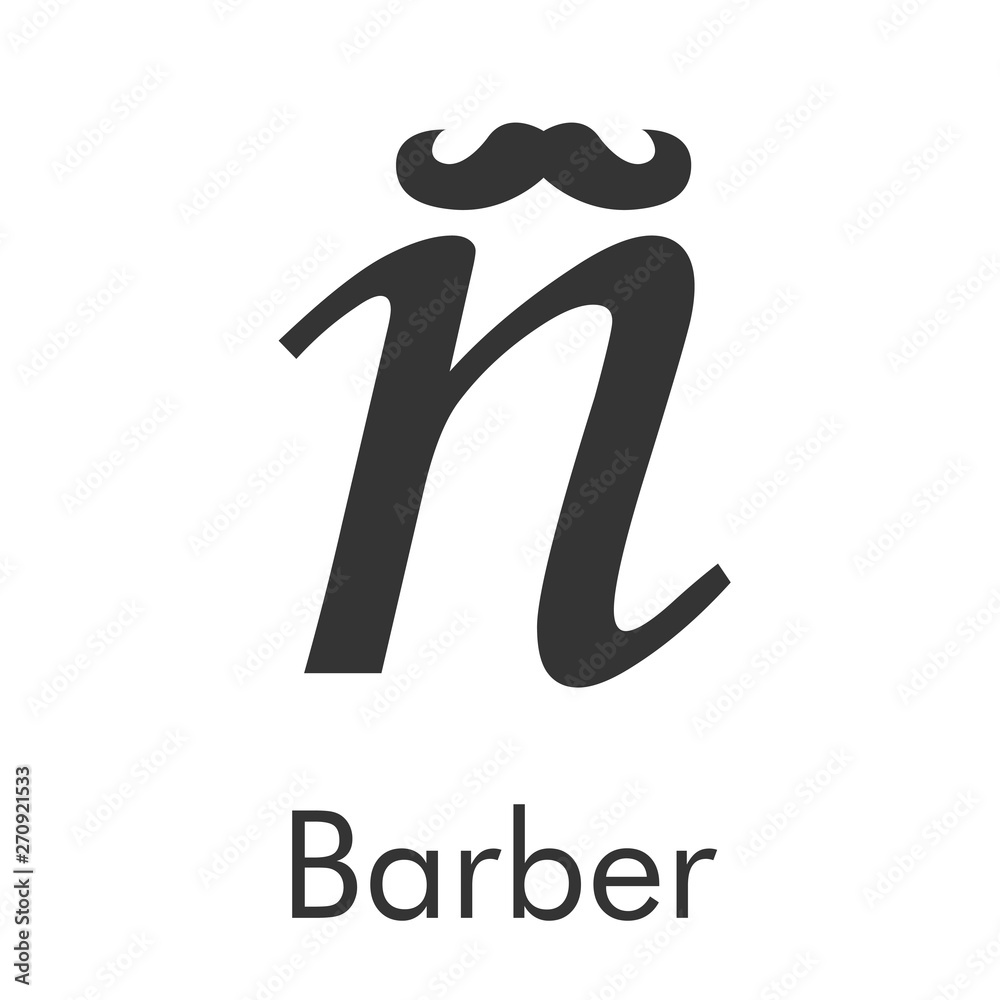 Logotipo abstracto con texto Barber con letra ñ minúscula con bigote en color gris