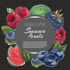 Wall Mural - Summer fruits vector menu design templates. Vector fruit illustration with hand drawn doodles for greeting card, banner	