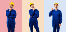 Set Of Young Workman With Helmet Standing And Thinking An Idea On Colorful Background