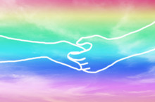 Doodle Of Left Hand Hold One's Another Hand On Rainbow Sky With Soft Cloud. LGBT Concept.