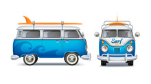 Realistic Retro Bus With Surfboard. Summertime Poster With Vintage Van, Beach Party Poster Vector Design. Blue 3d Vehicle For Travel And Surfing. Classic Wagon Car For Summer Holiday