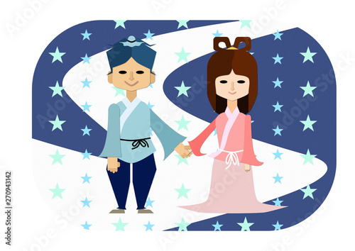織姫と彦星が天の川で手をつないでいる七夕のイラスト Stock Vector Adobe Stock 織姫と彦星が天の川で手をつないでいる七夕のイラスト Stock Vector Adobe Stock
