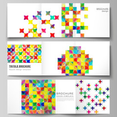 The minimal vector layout of square format covers design templates for trifold brochure, flyer, magazine. Abstract background, geometric mosaic pattern with bright circles, geometric shapes design.