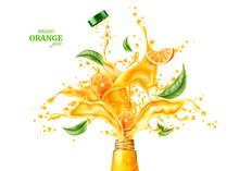 Realistic Orange Juice Splash With Mint Leaves. Splashingjuice Motion With Green Leaves For Package Design. Vector Juicy Wave, Flowing Liquid. Fresh Sweet Drink Flow From Glass Bottle