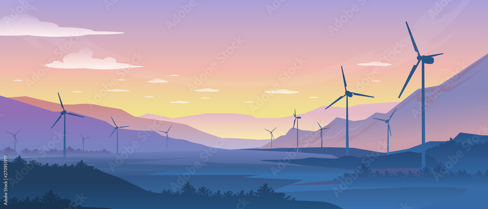 Mountain ecology landscape. Sustainable wind energy turbines silhouette with pine forest and mountains. Vector realistic powerful windmill on background nature sunset - obrazy, fototapety, plakaty 
