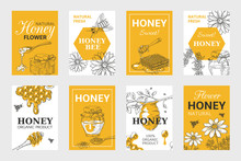 Honey Sketch Poster. Honeycomb And Bees Flyer Set, Organic Food Design, Beehive, Jar And Flowers Layout. Vector Hand Drawn Image Natural Elements Beeswax