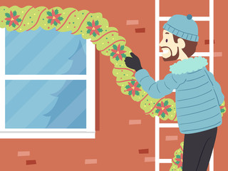 Canvas Print - Man Decorate House Outdoor Christmas Illustration