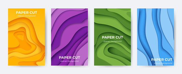 Poster - Paper cut posters. Abstract 3D layer background with origami shapes, minimal color paper cutout flyers. Vector liquid colourful technology brochures design
