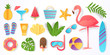 © SpicyTruffel - Paper cut summer elements. Trendy tropical leaves pink flamingo and beach stickers. Vector sun ice cream ball vacation travel icons flat illustration