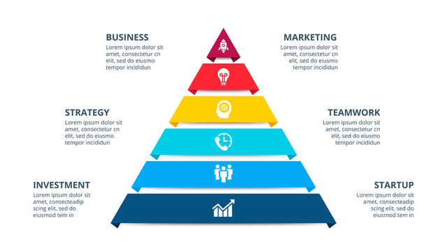 Vector pyramid infographic with 6 options. Business presentation template. Can be used for workflow layout, diagram, business step options, banner, web design.