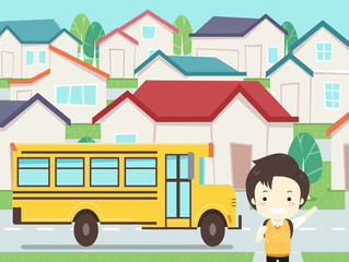 Poster - Kid Boy School Bus House Illustration