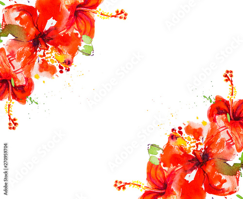 Red hibiscus flower corner frame. Watercolor painting. Exotic plant. Floral p...
