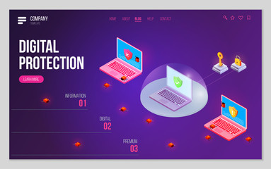 Wall Mural - Minimal modern concept of data protection or digital online security. Design web site, landing page or presentation template. Isometric vector illustration.