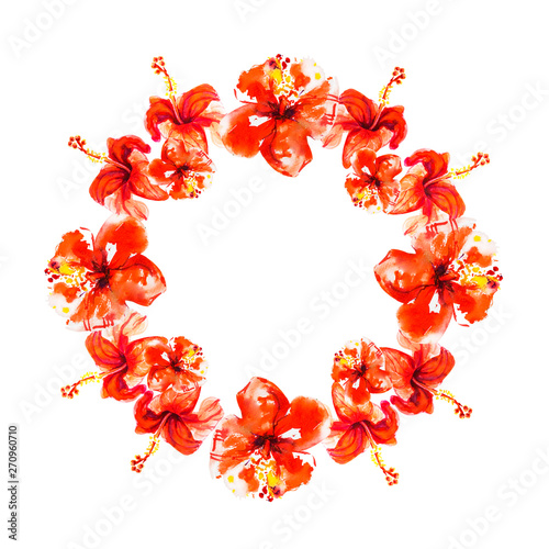 Red hibiscus flower wreath. Watercolor painting. Exotic plant. Floral print. ...