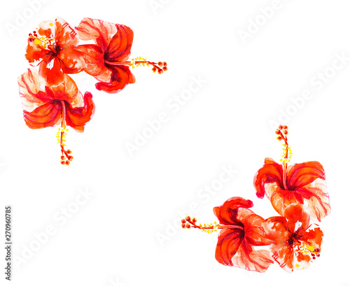 Red hibiscus flower corner frame. Watercolor painting. Exotic plant. Floral p...