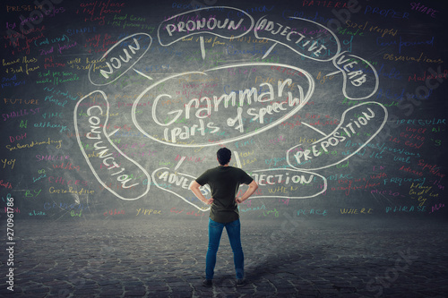 Foto Rear view of puzzled student, hands on hips, stands in front of a huge blackboard written with chalk english grammar parts of speech