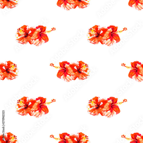 Seamless pattern from red hibiscus flowers. Watercolor painting. Exotic plant...