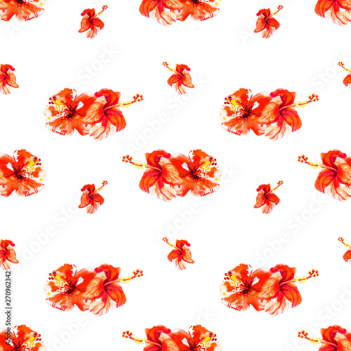 Seamless pattern from red hibiscus flowers. Watercolor painting. Exotic plant...