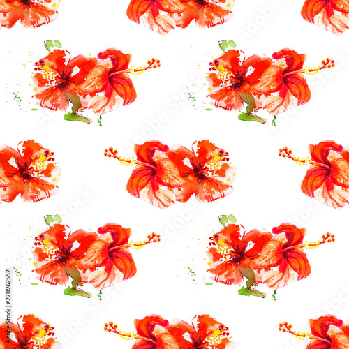Seamless pattern from red hibiscus flowers. Watercolor painting. Exotic plant...