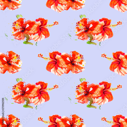Seamless pattern from red hibiscus flowers. Watercolor painting. Exotic plant...