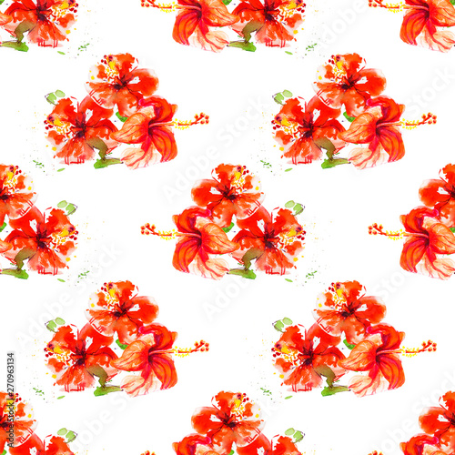 Seamless pattern from red hibiscus flowers. Watercolor painting. Exotic plant...