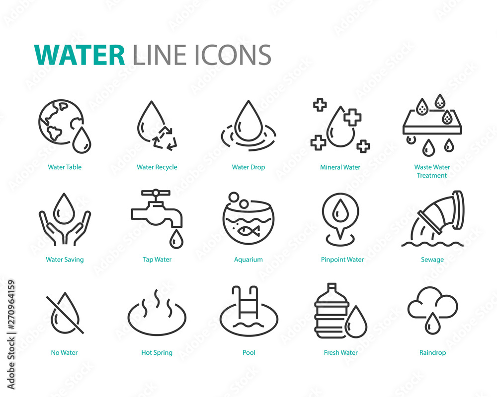 set of water icons ,such as  water drop, treatment, sewage, recycle, fresh, save - obrazy, fototapety, plakaty 