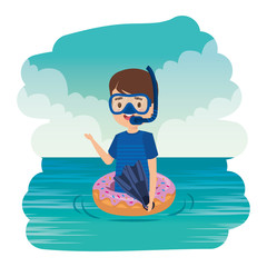 Sticker - cute little boy with donut float and snorkel in the sea