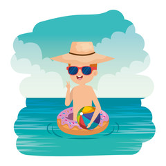 Sticker - cute little boy with donut float and beach balloon on the sea