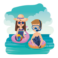 Sticker - little kids couple with snorkel and balloon on the sea