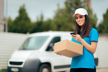 Female Delivery Worker Holding Cardboard Box Package