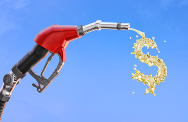 Wall Mural - Gas pump nozzle with gasoline or biofuel forming liquid dollar sign symbolising gas price rising. Fuel increasing price, ecological biofuel and environmental friendliness concept. Clipping path. 3D