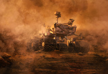 Mars Rover Exploring Surface Of Mars During Mars Dust Sandy Storm. Image Of Automated Robotic Space Autonomous Vehicle On The Red Mars Planet. Space Exploration, Astronomy Science Concept. 3D Render