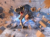 Fototapeta Perspektywa 3d - Danger predator carnivore dinosaur Tyrannosaurus Rex breaking through the wall.  Success, breakthrough, challenge in business metaphorical concept. 3D illustration