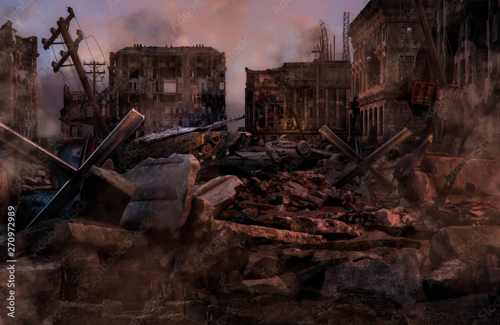 Ruined abandoned city after war battle attack. Buildings on the street destroyed by war, battlefield. Apocalypse, environment ecology, pollution, peace and world war concept. 3D - obrazy, fototapety, plakaty 
