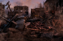 Ruined Abandoned City After War Battle Attack. Buildings On The Street Destroyed By War, Battlefield. Apocalypse, Environment Ecology, Pollution, Peace And World War Concept. 3D