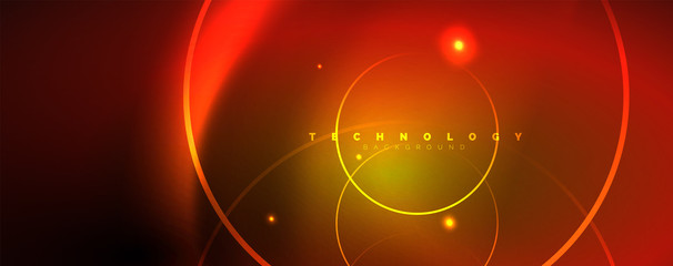 bright neon circles and wave lines, glowing shiny background design template, digital techno concept