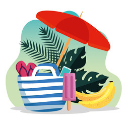 Poster - umbrella with flip-flop inside purse with bananas and leaves plants