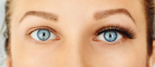 Female Eyes With Long False Eyelashes, Befor And After Change. Eyelash Extensions, Make-up, Cosmetics, Beauty