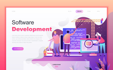 Leinwandbilder - Modern flat cartoon design concept of Software Development for website and mobile app development. Landing page template. Decorated people character for web page or homepage. Vector illustration.