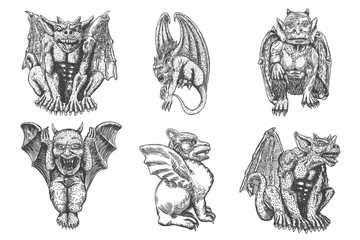 Wall Mural - Set of mythological ancient creatures animals with bat like wings and horns. Mythical gargoyle with sharp fangs teeth and nails or claws in seating position. Engraved hand drawn sketch. Vector.