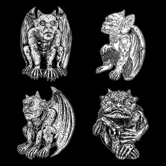 Wall Mural - Set of gargoyle in sitting aggressive position to attack.  Human and dragon bat like demon Chimera fantastic beast creature with horns fangs and claws. Hand drawn gothic guardians at medieval. Vector