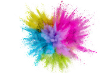 Wall Mural - Colored powder explosion on a white background. Abstract closeup dust on backdrop. Colorful explode. Paint holi