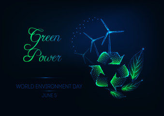 Canvas Print - World Environment day web banner with recycle sign, green leaves, wind turbines and text Green power