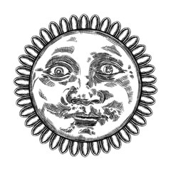 Hand drawn antique style sun with face of the human like. Anthropomorphic flash tattoo or print design Vector.