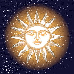 Wall Mural - sunrise engraving illustration. vintage engraved sun with face of the human like. anthropomorphic fl